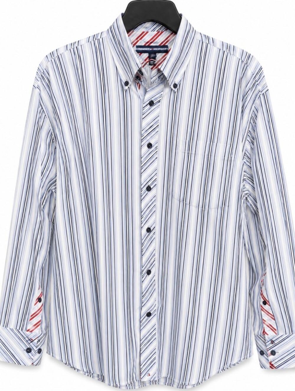 Tommy Hilfiger Mens Size Large White and Navy Vertical Stripe Button-Down Shirt
